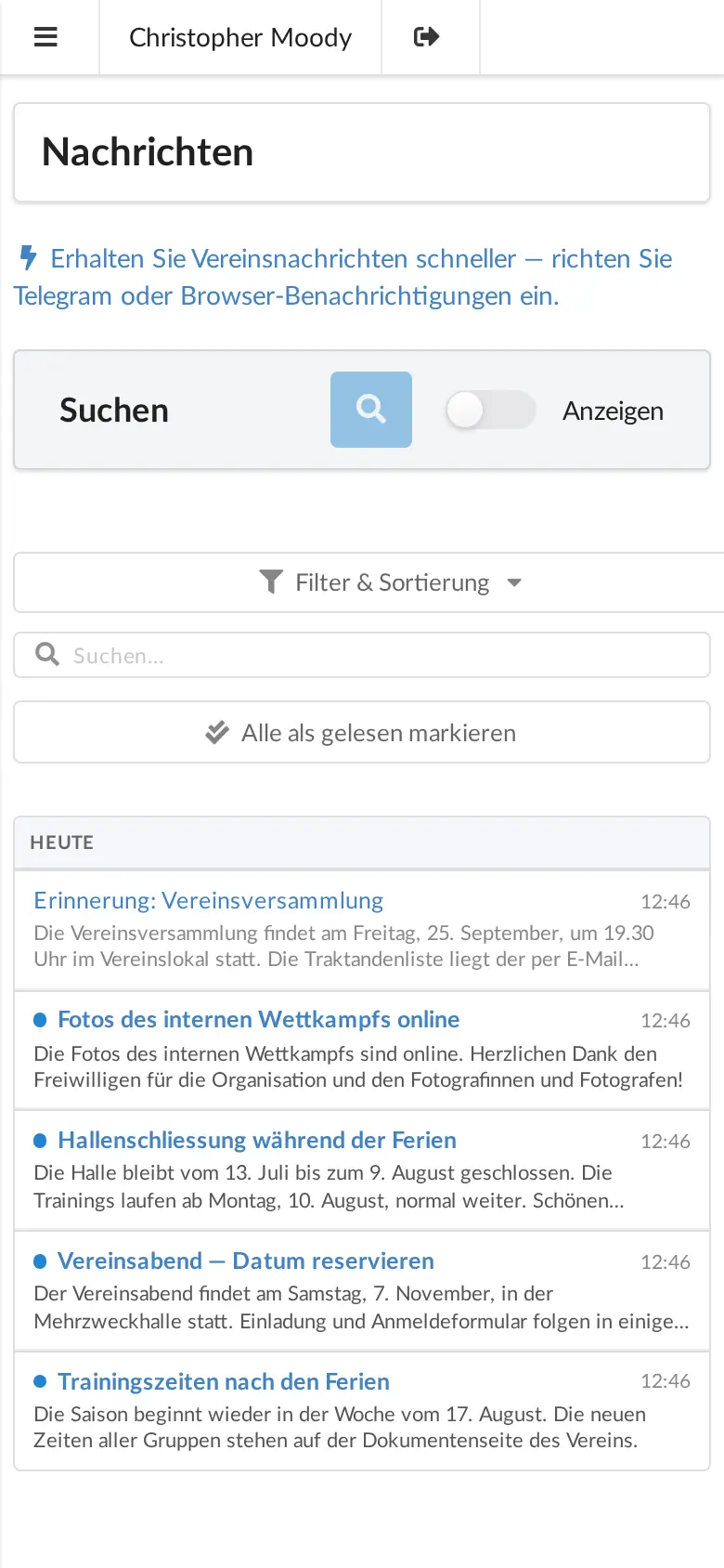 Der Posteingang des Vereins auf einem Mobiltelefon