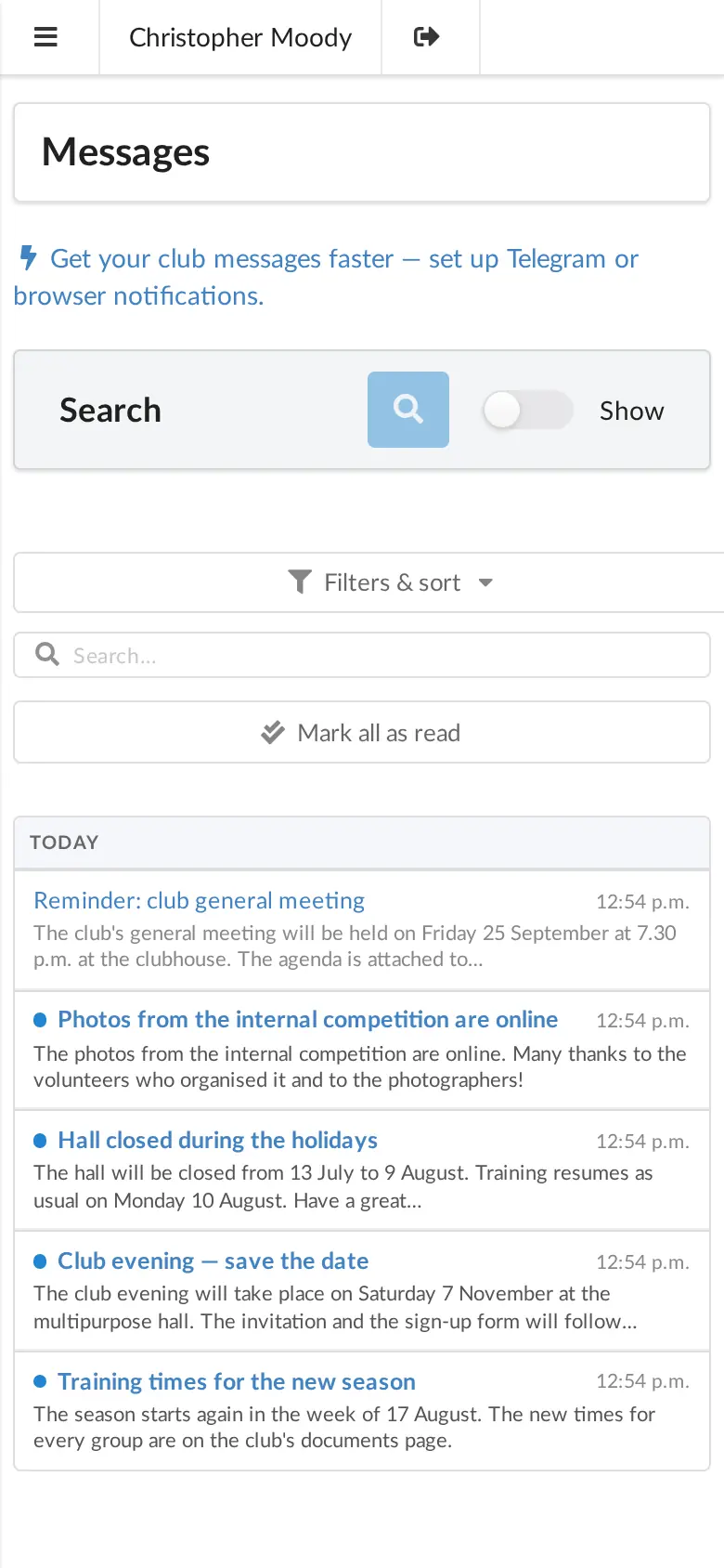The club inbox on a mobile phone
