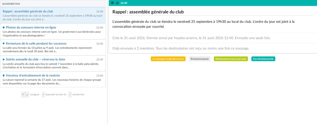 La boîte de réception du club